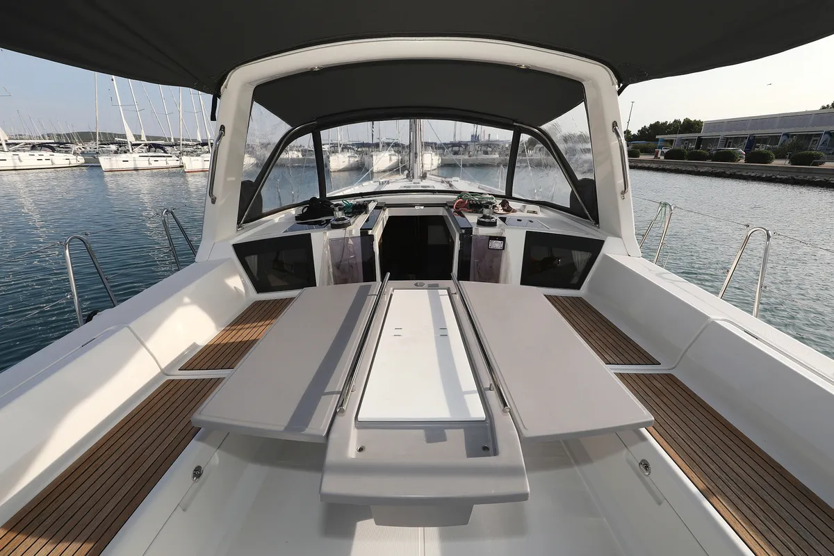 Deck of Zephyra, a Beneteau Oceanis 45 sailboat at Sukošan, Croatia