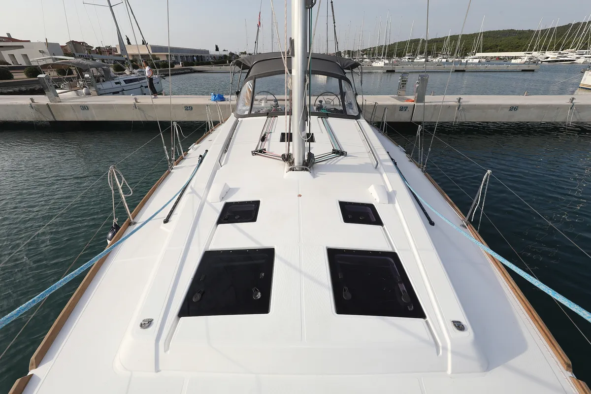 Deck of Zephyra, a Beneteau Oceanis 45 sailboat at Sukošan, Croatia