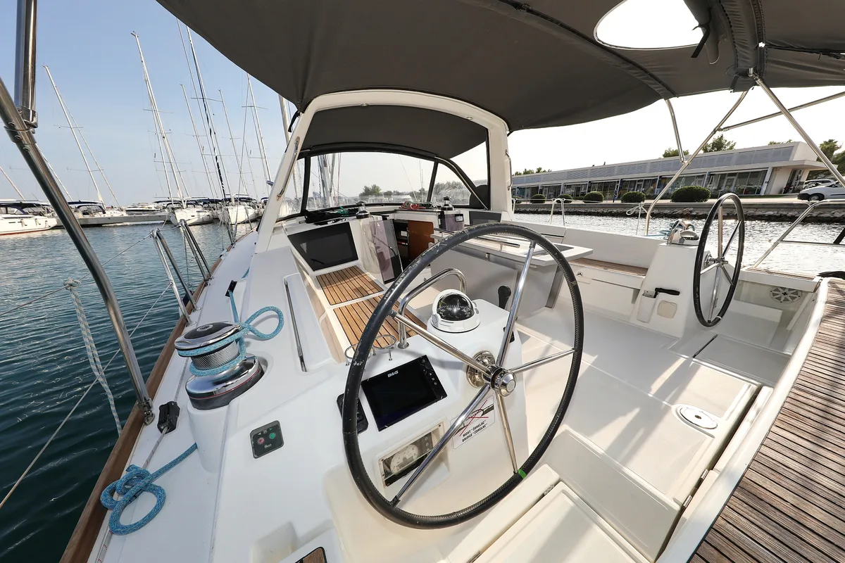 Cockpit of Zephyra, a Beneteau Oceanis 45 sailboat at Sukošan, Croatia
