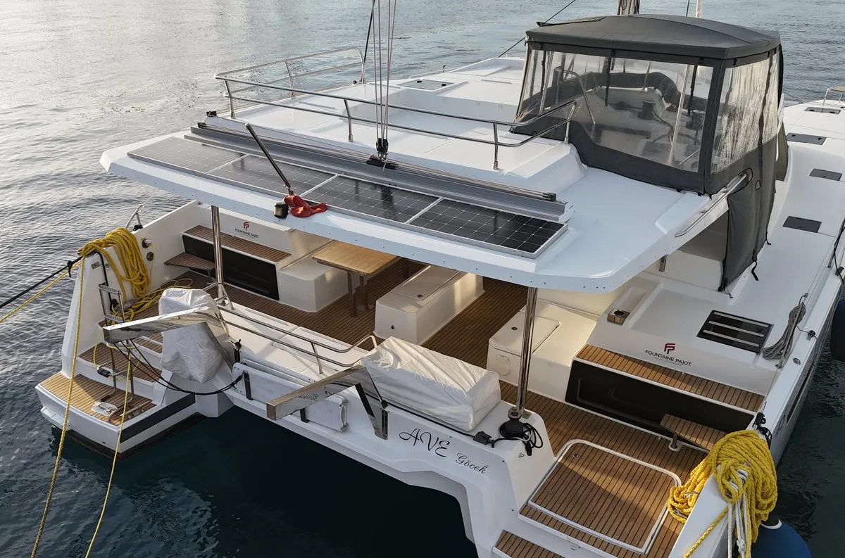Exterior view of Ave, a Fountaine Pajot Elba 45 catamaran at Marmaris, Turkey
