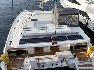Exterior view of Ave, a Fountaine Pajot Elba 45 catamaran at Marmaris, Turkey