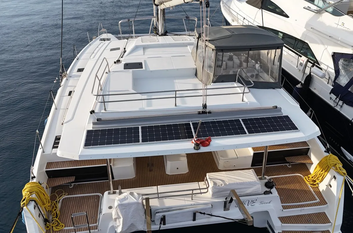 Exterior view of Ave, a Fountaine Pajot Elba 45 catamaran at Marmaris, Turkey