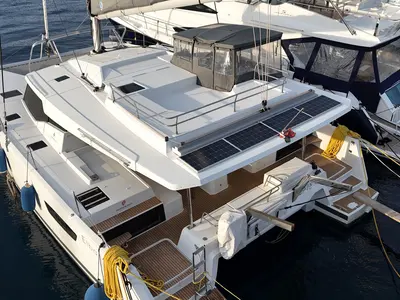 Exterior view of Ave, a Fountaine Pajot Elba 45 catamaran at Marmaris, Turkey