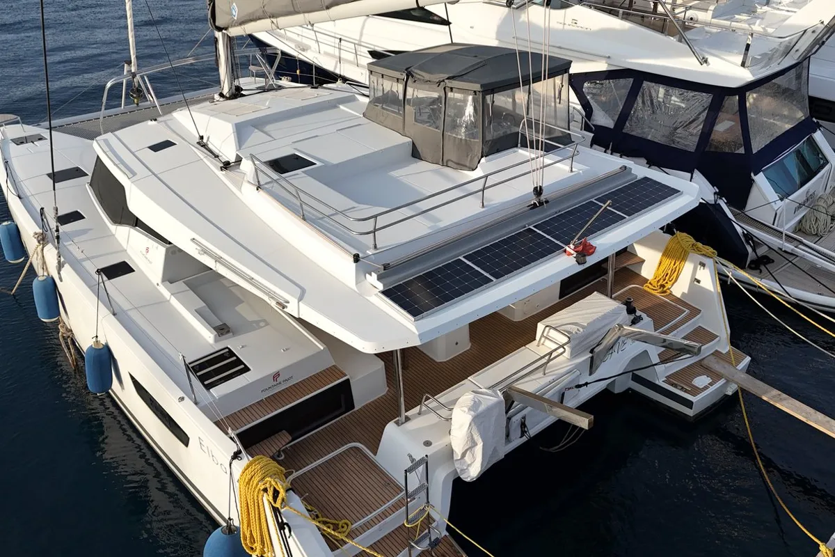 Exterior view of Ave, a Fountaine Pajot Elba 45 catamaran at Marmaris, Turkey