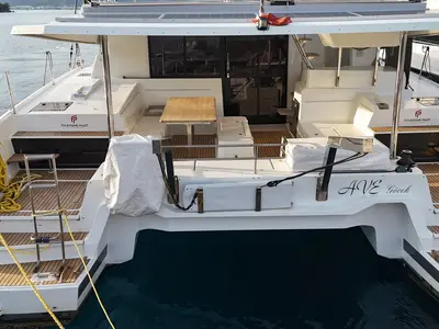 Deck of Ave, a Fountaine Pajot Elba 45 catamaran at Marmaris, Turkey