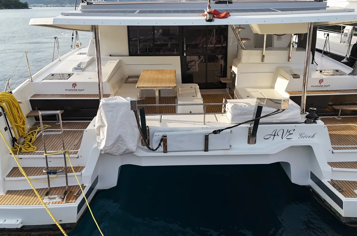 Deck of Ave, a Fountaine Pajot Elba 45 catamaran at Marmaris, Turkey