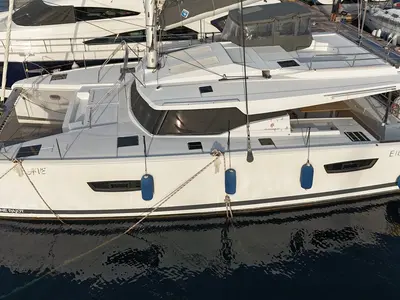 Exterior view of Ave, a Fountaine Pajot Elba 45 catamaran at Marmaris, Turkey