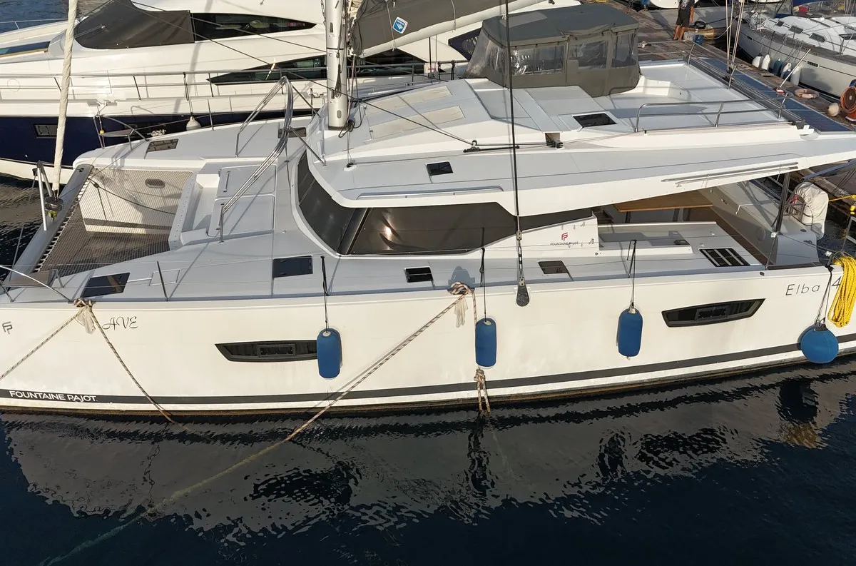 Exterior view of Ave, a Fountaine Pajot Elba 45 catamaran at Marmaris, Turkey