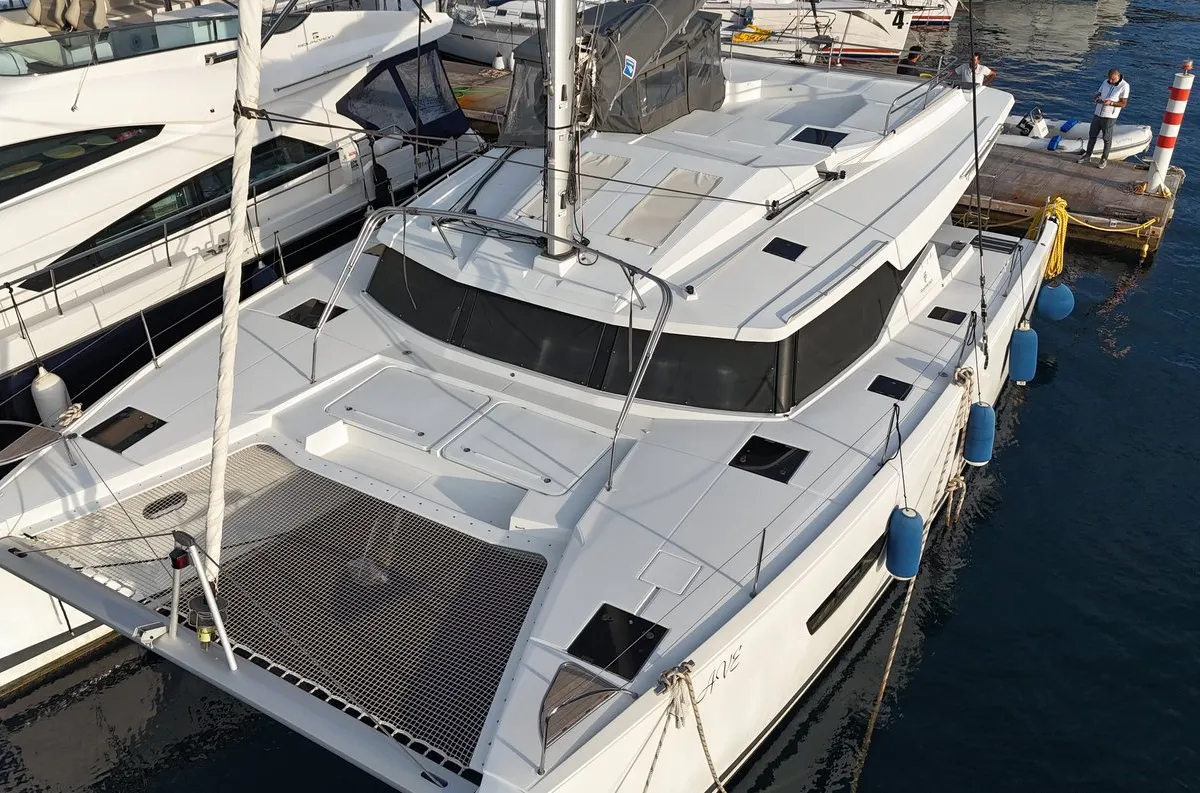 Exterior view of Ave, a Fountaine Pajot Elba 45 catamaran at Marmaris, Turkey