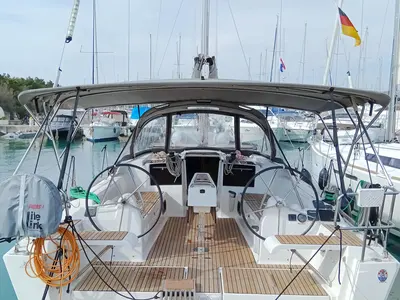 Cockpit of Henry, a Dufour 382 GL sailboat at Općina Rogoznica, Croatia
