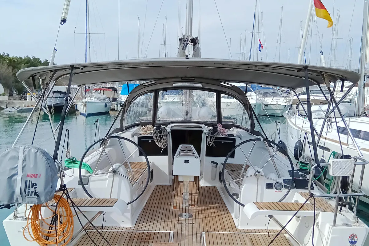 Cockpit of Henry, a Dufour 382 GL sailboat at Općina Rogoznica, Croatia