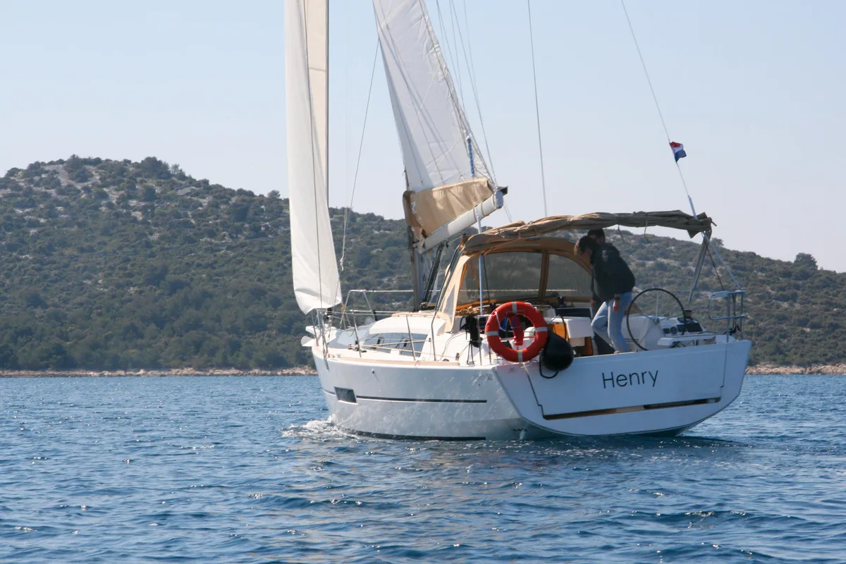 Exterior view of Henry, a Dufour 382 GL sailboat at Općina Rogoznica, Croatia