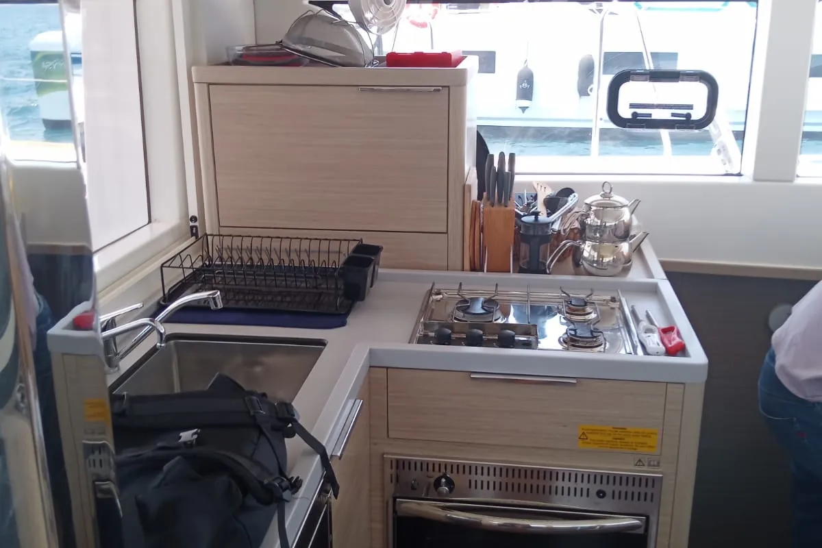 Galley of Shima, a Lagoon 40 catamaran at Marmaris, Turkey
