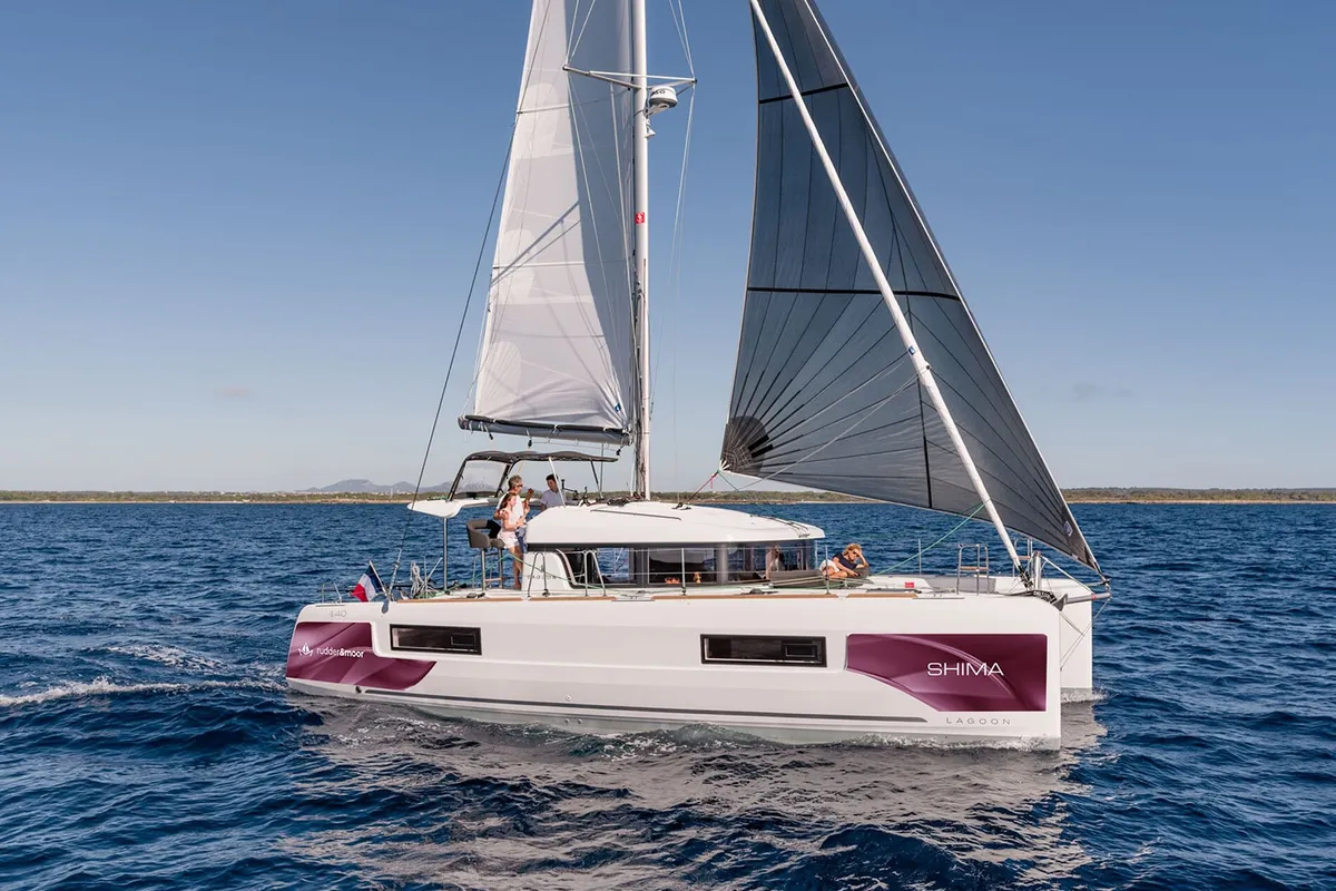 Exterior view of Shima, a Lagoon 40 catamaran at Marmaris, Turkey