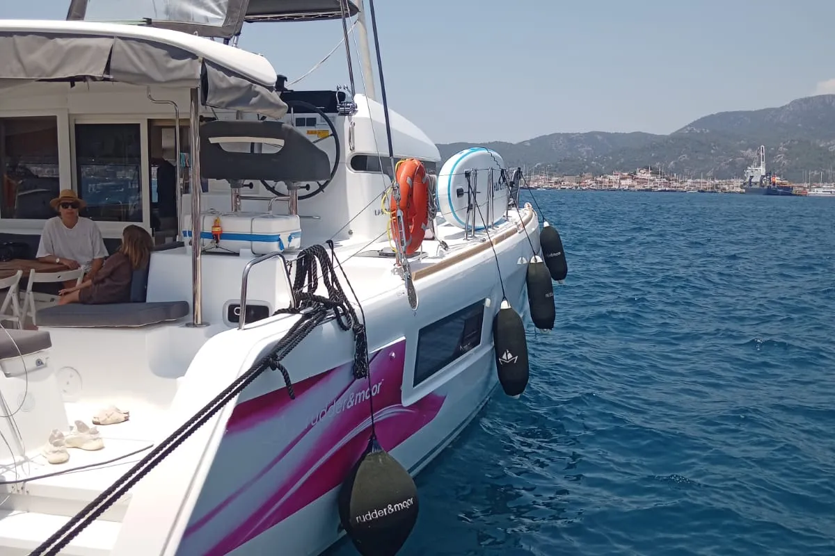 Exterior view of Shima, a Lagoon 40 catamaran at Marmaris, Turkey