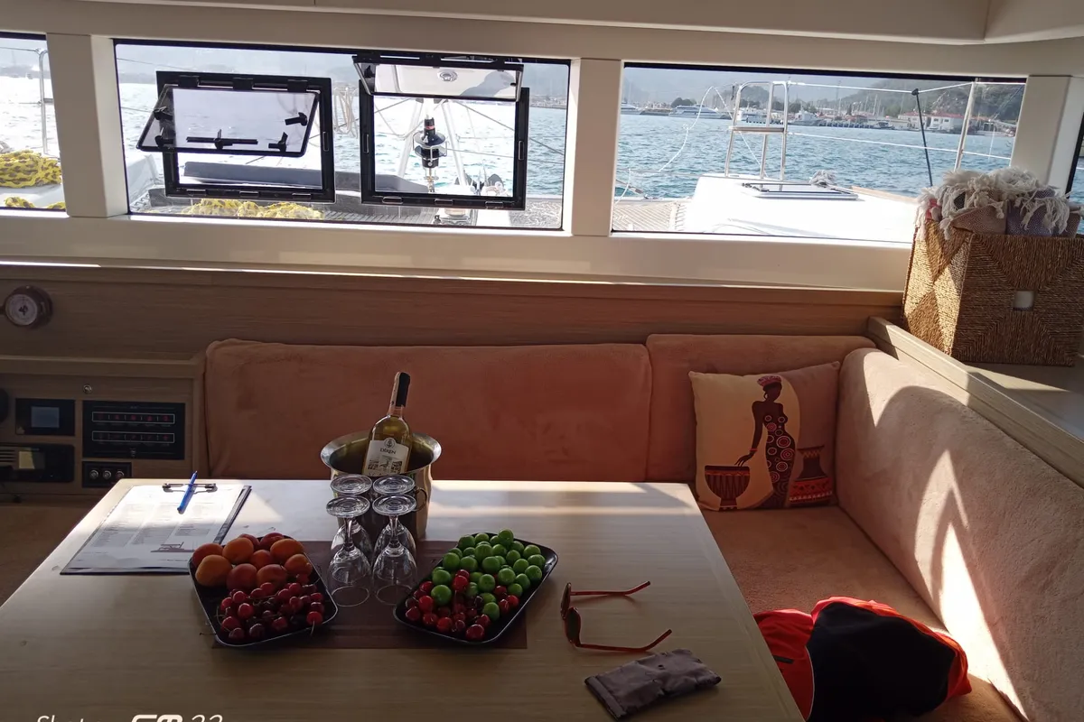 Salon of Shima, a Lagoon 40 catamaran at Marmaris, Turkey