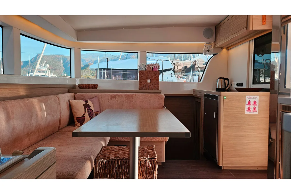 Salon of Shima, a Lagoon 40 catamaran at Marmaris, Turkey