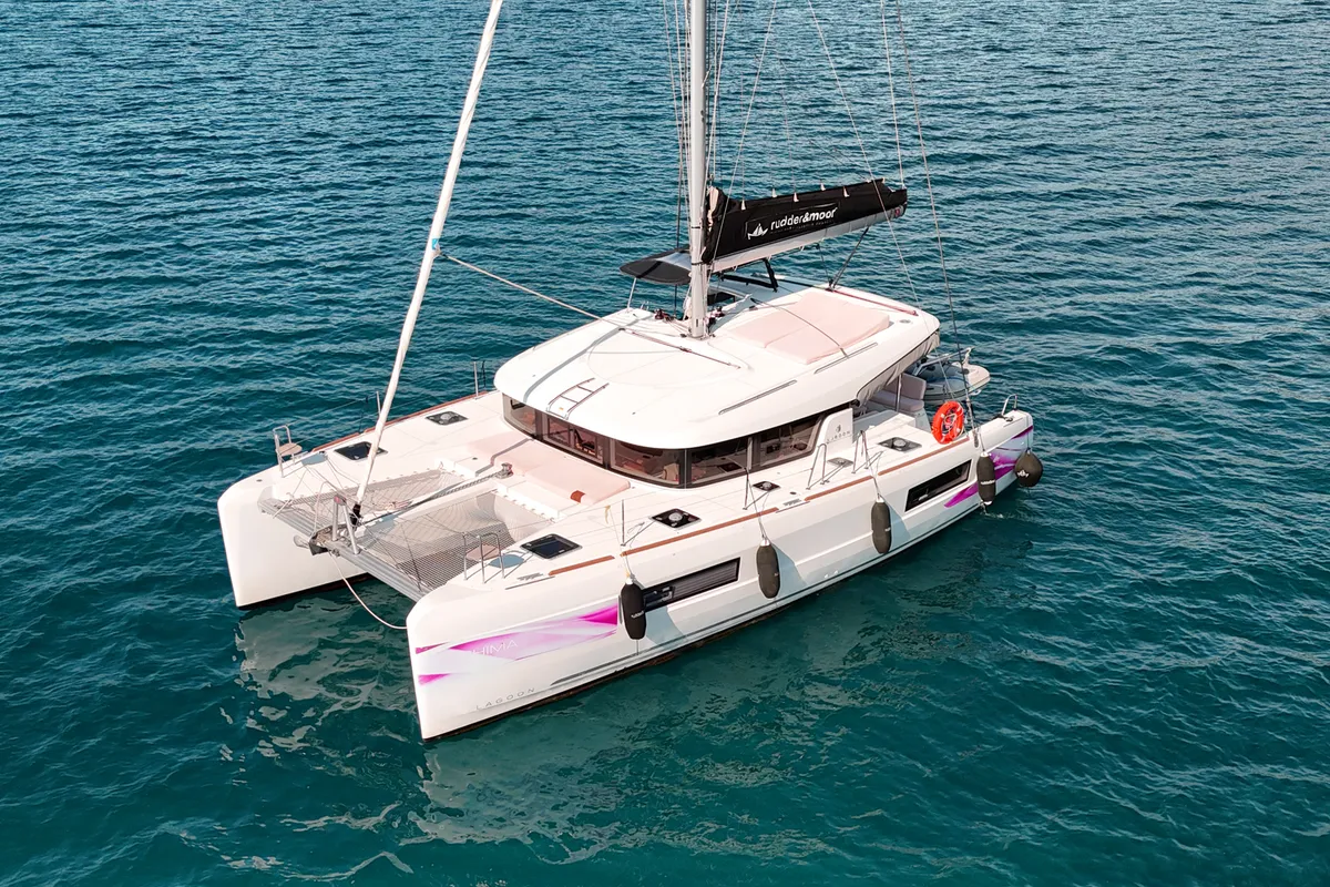 Exterior view of Shima, a Lagoon 40 catamaran at Marmaris, Turkey