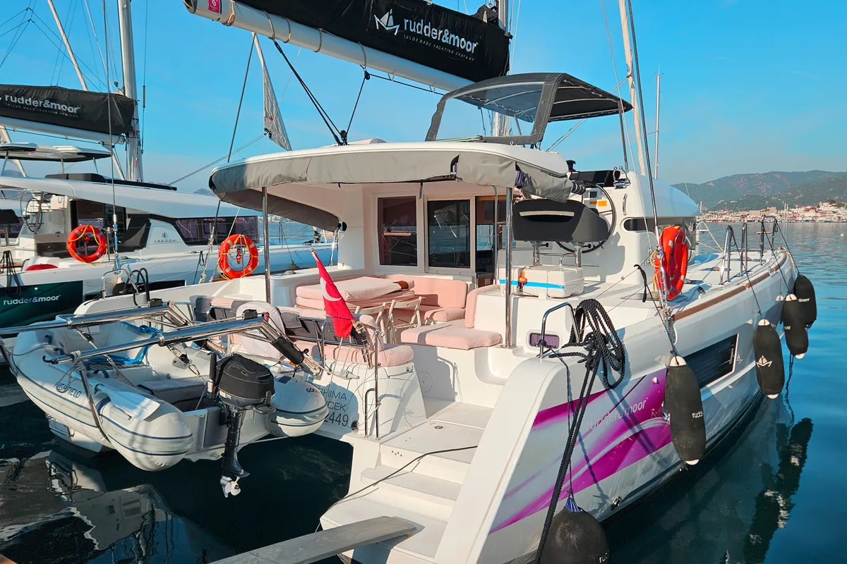 Deck of Shima, a Lagoon 40 catamaran at Marmaris, Turkey