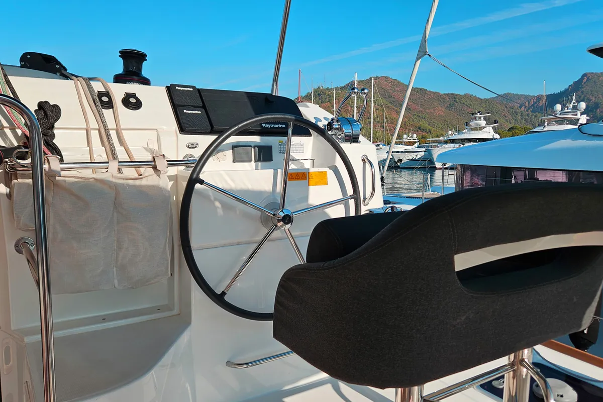 Cockpit of Shima, a Lagoon 40 catamaran at Marmaris, Turkey