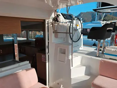 Cockpit of Shima, a Lagoon 40 catamaran at Marmaris, Turkey