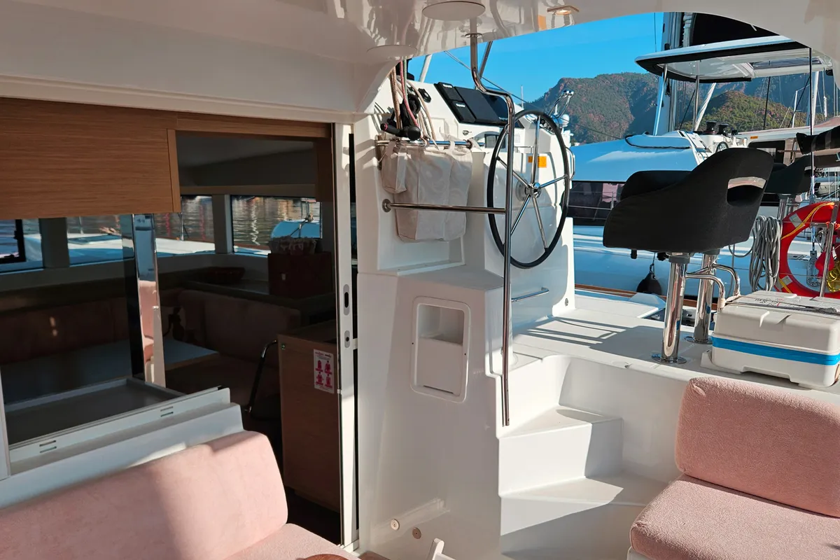 Cockpit of Shima, a Lagoon 40 catamaran at Marmaris, Turkey