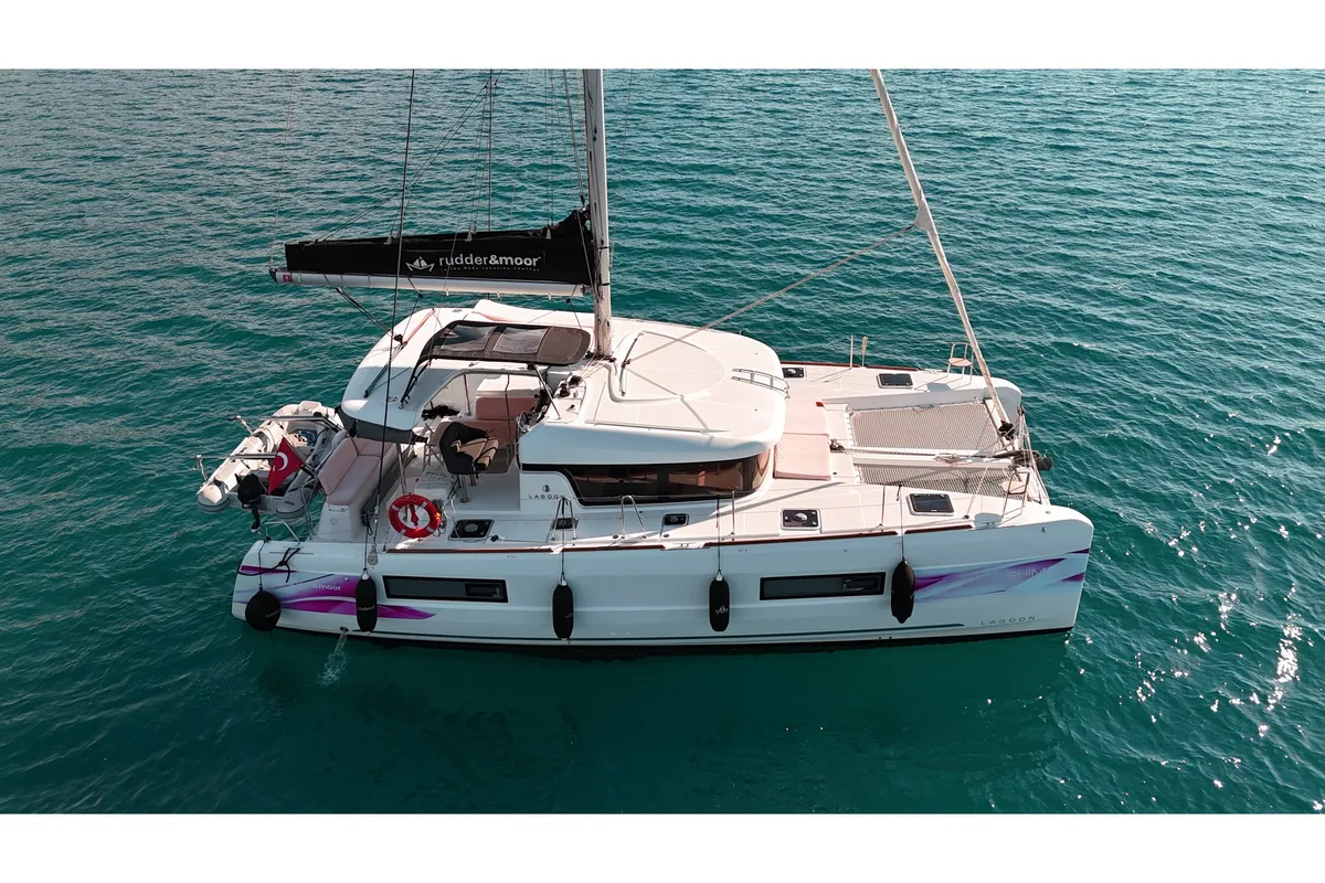 Exterior view of Shima, a Lagoon 40 catamaran at Marmaris, Turkey