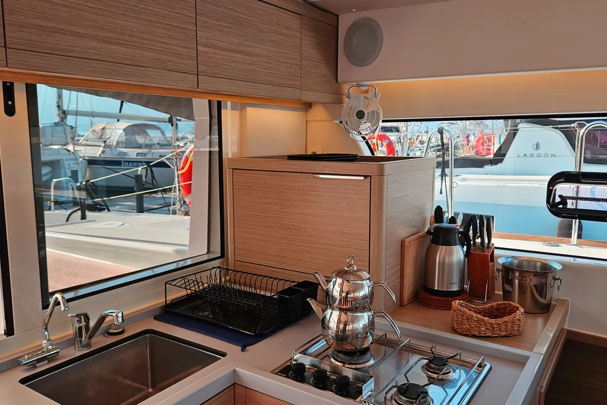 Galley of Shima, a Lagoon 40 catamaran at Marmaris, Turkey