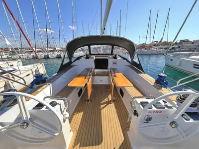 Cockpit of Athena, a Elan Impression 50.1 sailboat at Biograd na Moru, Croatia