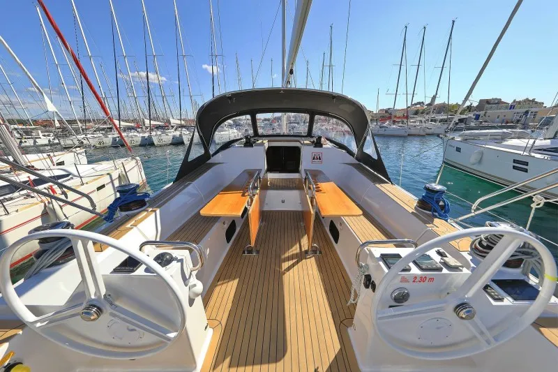 Cockpit of Athena, a Elan Impression 50.1 sailboat at Biograd na Moru, Croatia