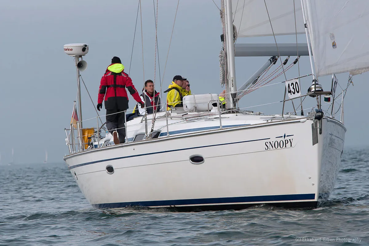 Exterior view of Snoopy, a Bavaria 46 Cruiser sailboat at Flensburg, Germany