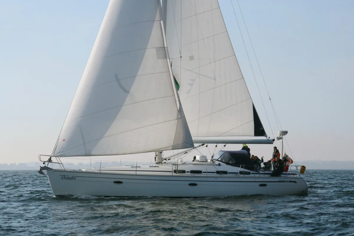 Exterior view of Snoopy, a Bavaria 46 Cruiser sailboat at Flensburg, Germany