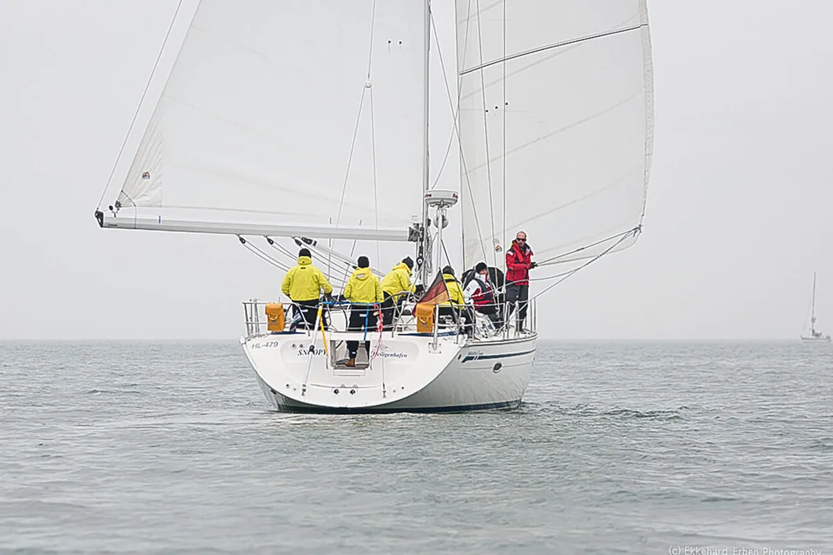 Exterior view of Snoopy, a Bavaria 46 Cruiser sailboat at Flensburg, Germany