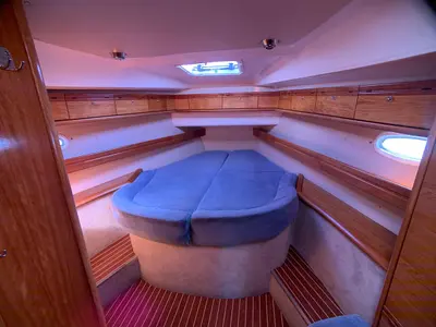 Cabin on Snoopy, a Bavaria 46 Cruiser sailboat at Flensburg, Germany