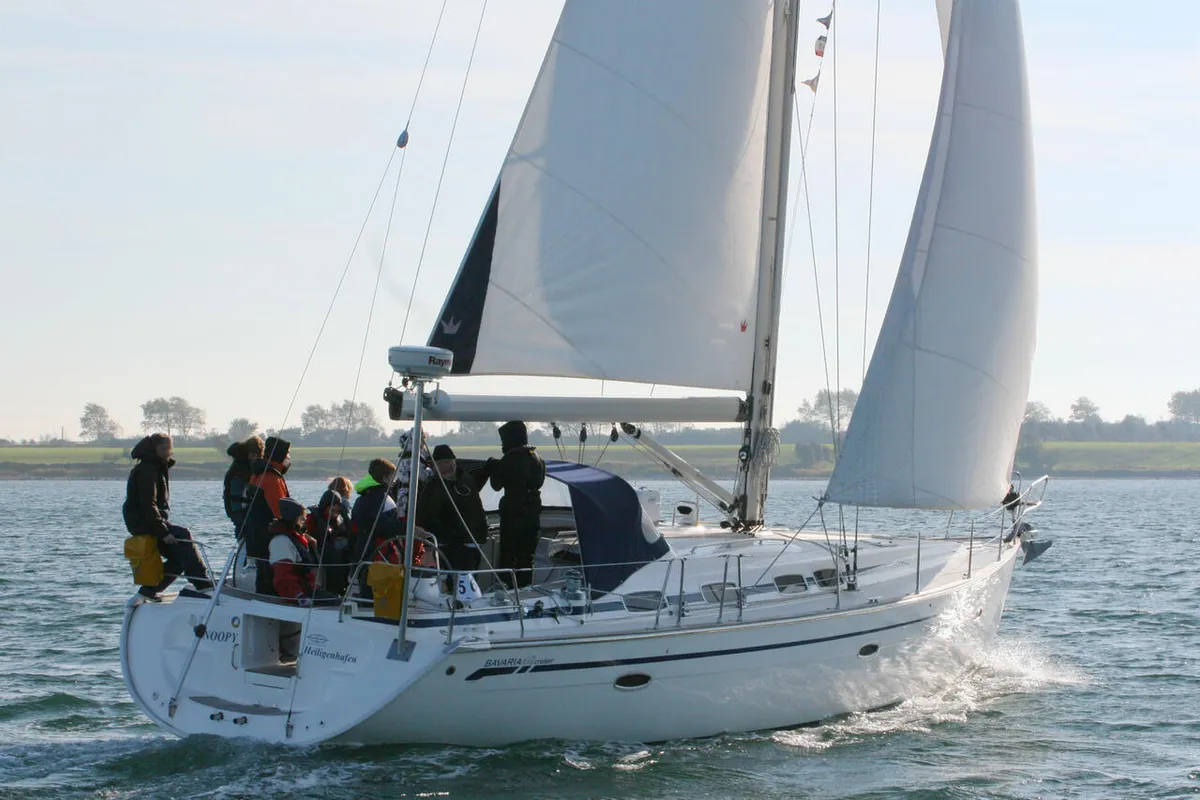 Exterior view of Snoopy, a Bavaria 46 Cruiser sailboat at Flensburg, Germany