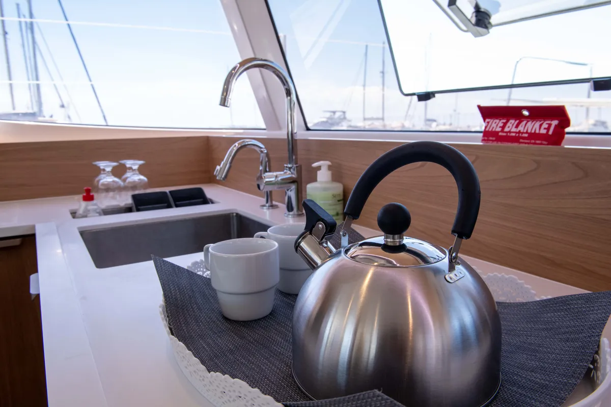 Galley of Ela Thalassa III, a Bali Catsmart catamaran at Municipal Unit of Lefkada, Greece