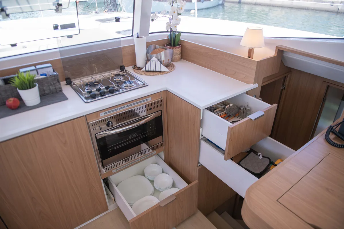 Galley of Ela Thalassa III, a Bali Catsmart catamaran at Municipal Unit of Lefkada, Greece