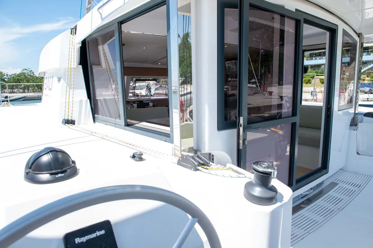 Cockpit of Ela Thalassa III, a Bali Catsmart catamaran at Municipal Unit of Lefkada, Greece