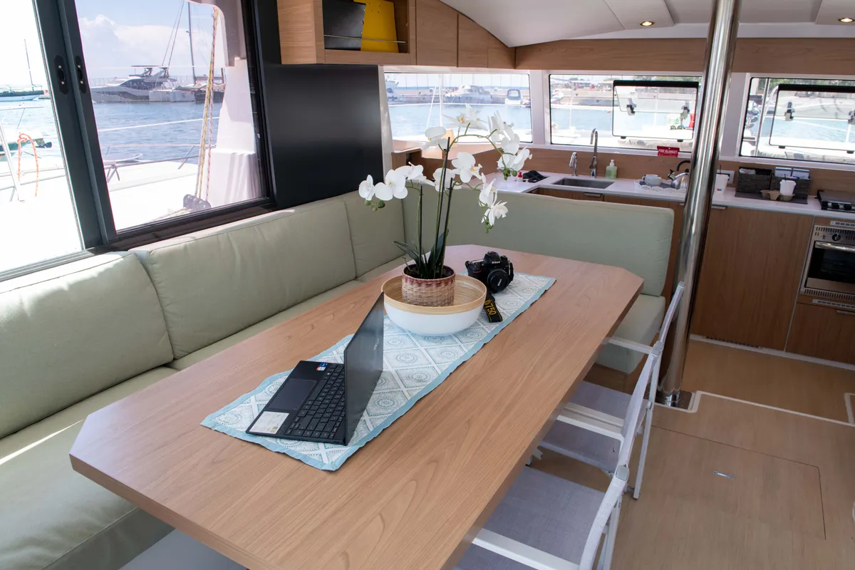 Salon of Ela Thalassa III, a Bali Catsmart catamaran at Municipal Unit of Lefkada, Greece