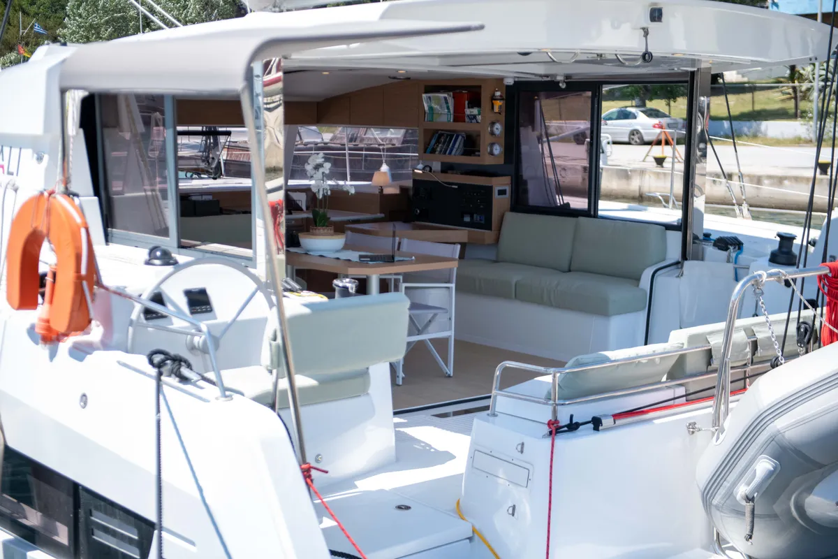 Deck of Ela Thalassa III, a Bali Catsmart catamaran at Municipal Unit of Lefkada, Greece