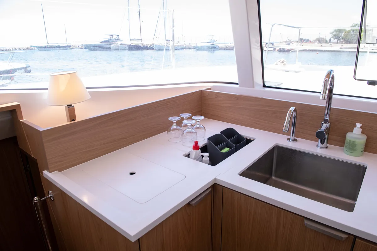 Galley of Ela Thalassa III, a Bali Catsmart catamaran at Municipal Unit of Lefkada, Greece