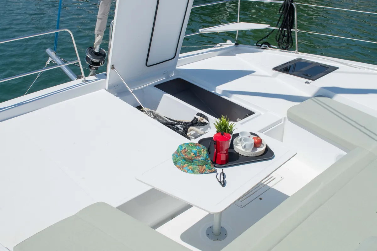 Deck of Ela Thalassa III, a Bali Catsmart catamaran at Municipal Unit of Lefkada, Greece