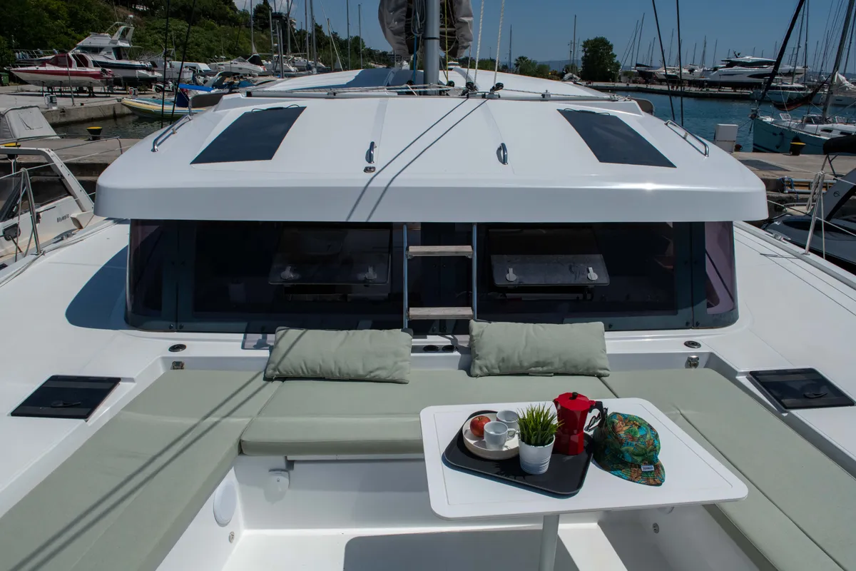 Deck of Ela Thalassa III, a Bali Catsmart catamaran at Municipal Unit of Lefkada, Greece