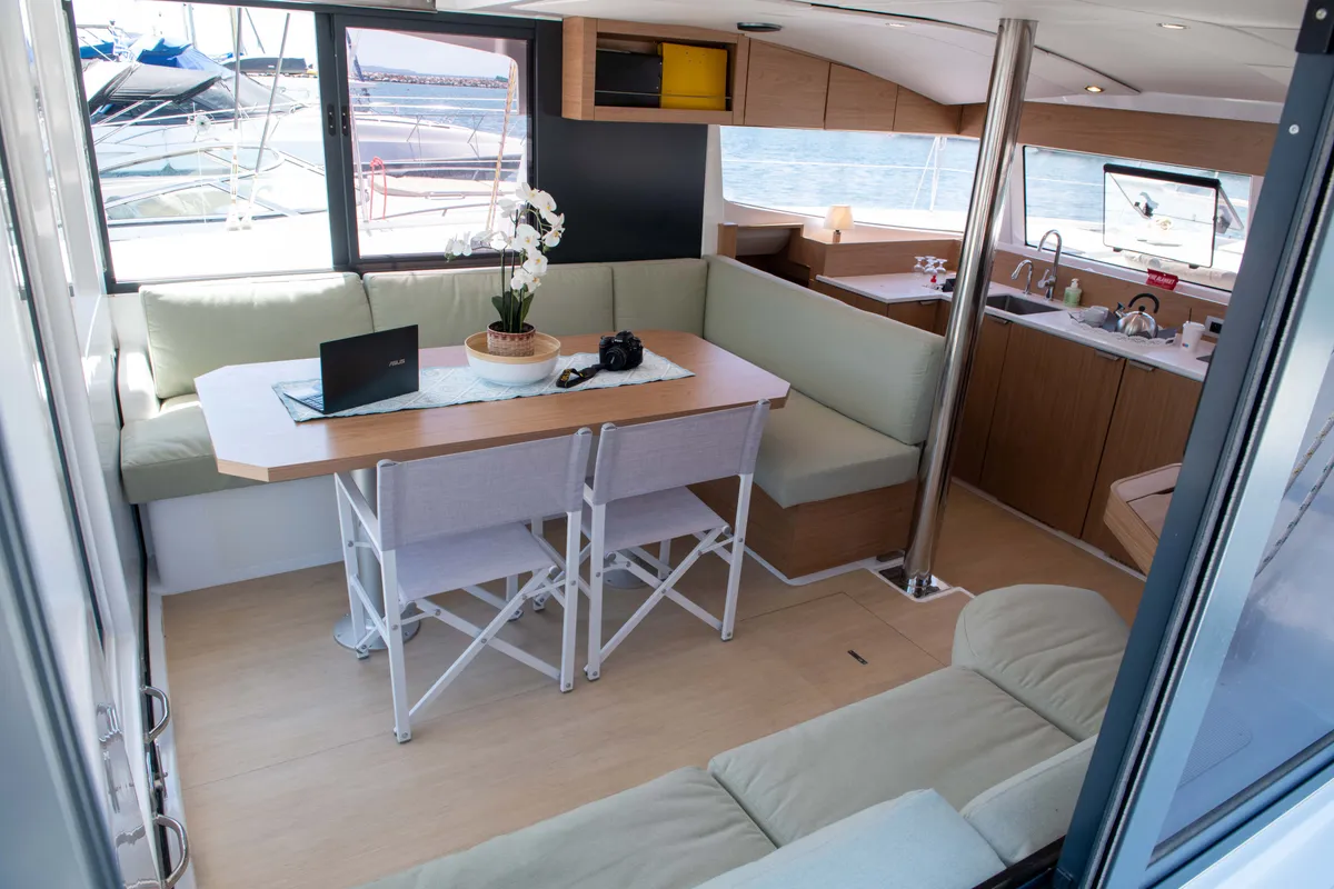 Salon of Ela Thalassa III, a Bali Catsmart catamaran at Municipal Unit of Lefkada, Greece
