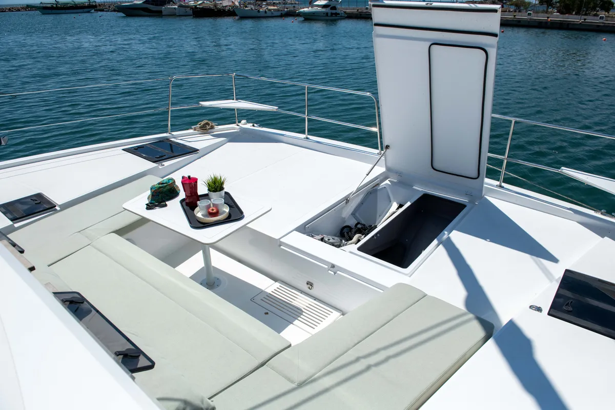 Deck of Ela Thalassa III, a Bali Catsmart catamaran at Municipal Unit of Lefkada, Greece