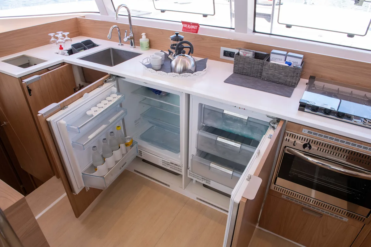 Galley of Ela Thalassa III, a Bali Catsmart catamaran at Municipal Unit of Lefkada, Greece