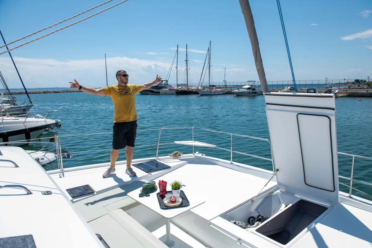 Deck of Ela Thalassa III, a Bali Catsmart catamaran at Municipal Unit of Lefkada, Greece