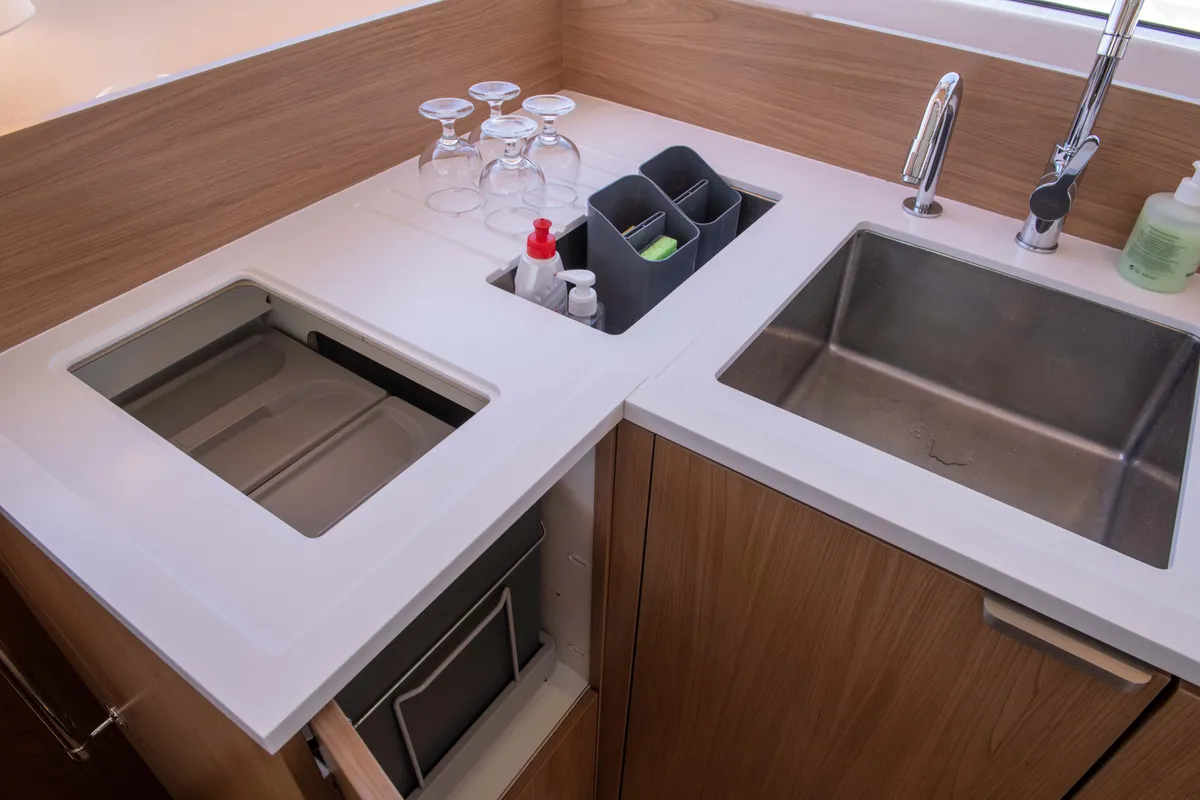 Galley of Ela Thalassa III, a Bali Catsmart catamaran at Municipal Unit of Lefkada, Greece