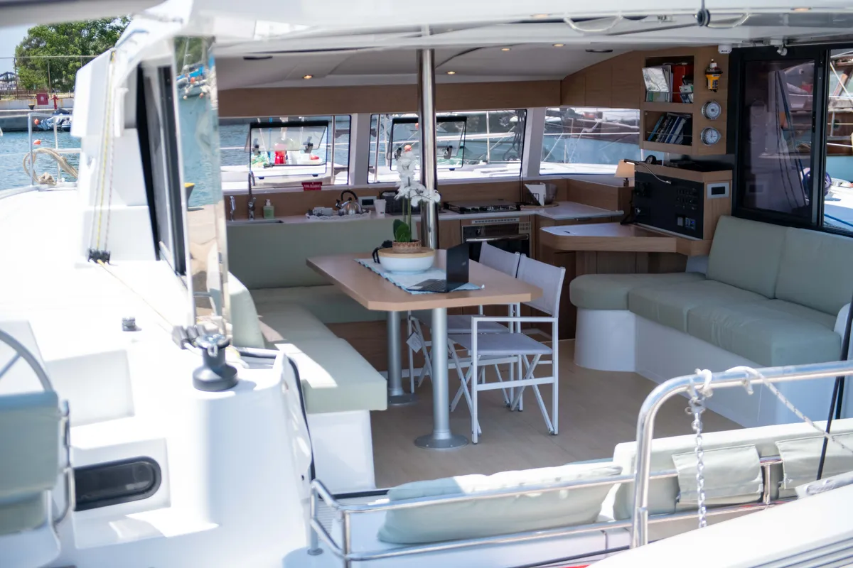 Salon of Ela Thalassa III, a Bali Catsmart catamaran at Municipal Unit of Lefkada, Greece