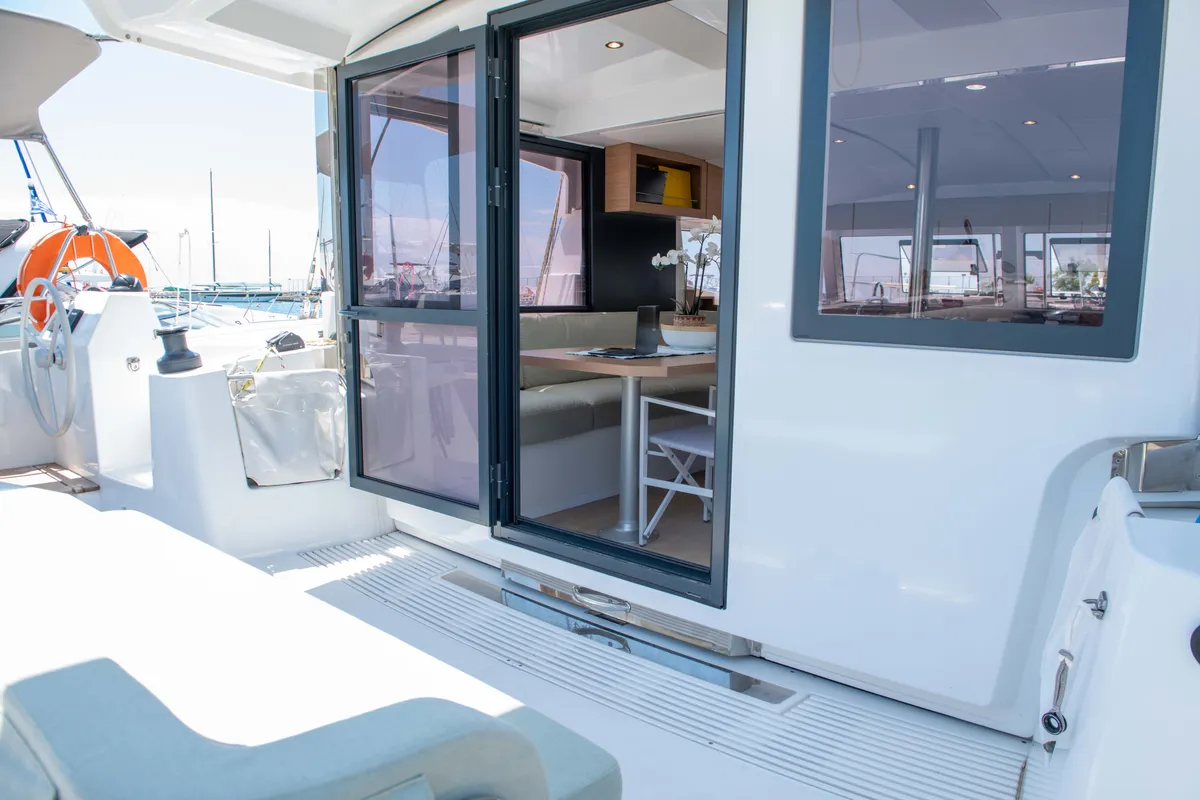 Deck of Ela Thalassa III, a Bali Catsmart catamaran at Municipal Unit of Lefkada, Greece